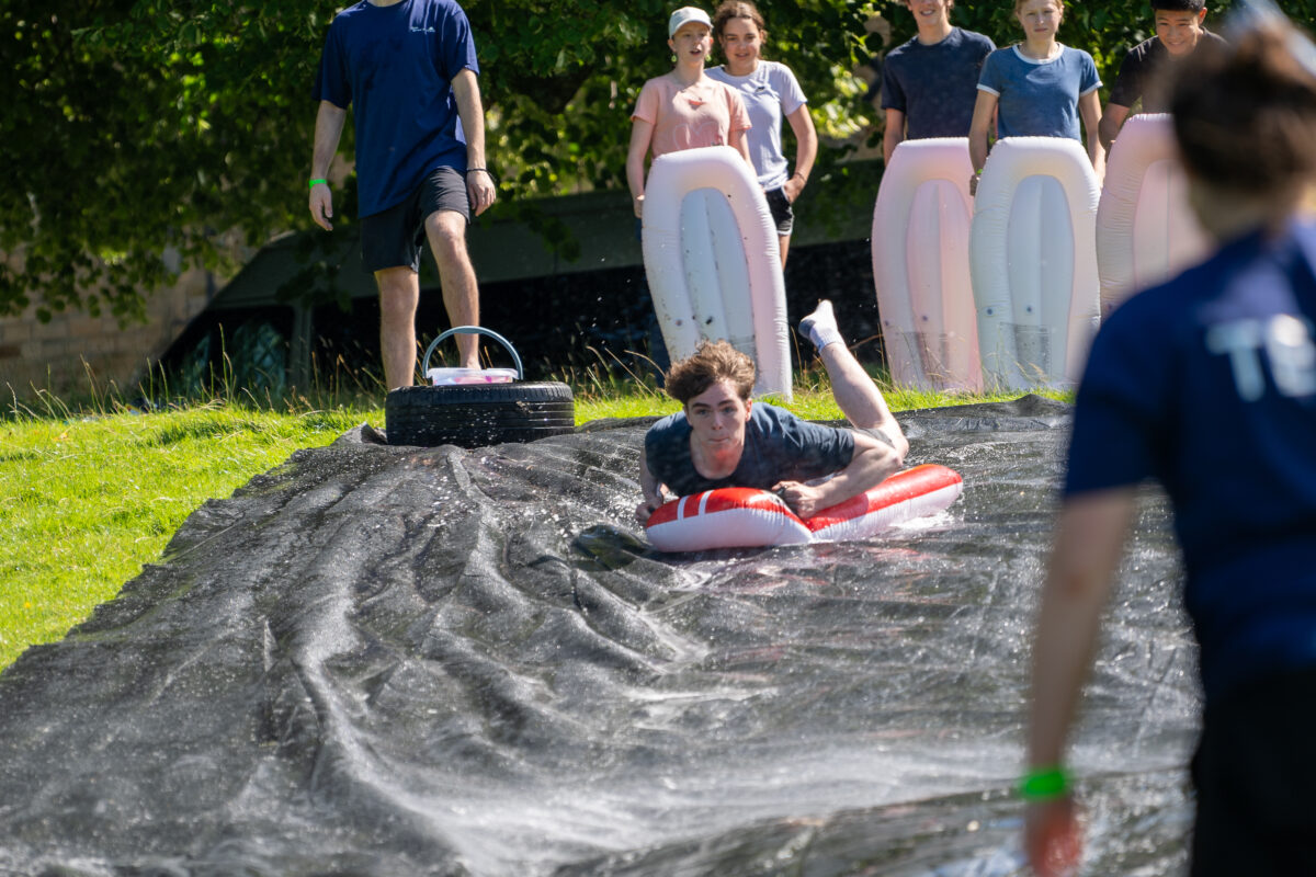 Sliding down the water slide